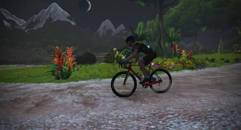 Zwift Avatar auf Rennrad von der Seite auf der Serpentine 8 Strecke